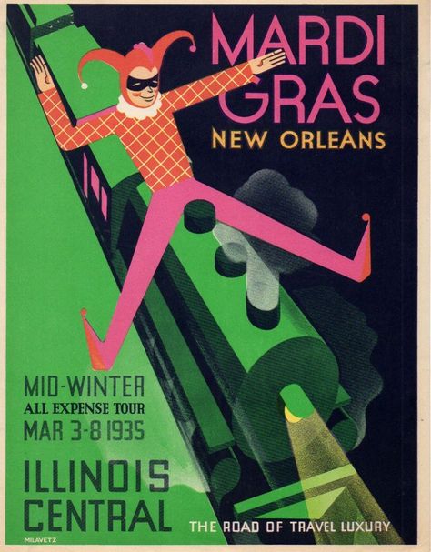 Mardi Gras - New Orleans - Illinois Central, the road of travel luxury - 1935 - Mardi Gras Graphic Design, New Orleans Graphic Design, Mardi Gras Poster, New Orleans Poster, Train Drawings, Donna Summers, New Orleans Party, Event Posters, Louisiana Art