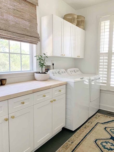 Coastal Laundry Room, Coastal Oak, Laundry Room/mudroom, Butcher Block Counter, Laundry Room Inspiration, Laminate Countertops, Laundry Mud Room, Butcher Block Countertops, Laundry Room Makeover