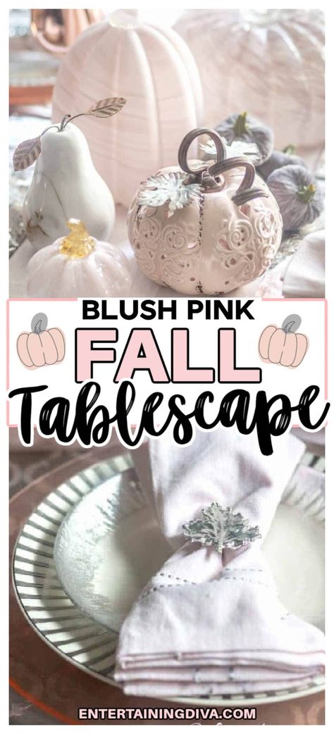 Beautiful Fall Tablescape With Blush Pink Pumpkins | Holidays and events Pink Fall Table Decor, Pastel Thanksgiving Table Decor, Pink Thanksgiving Decorations, Autumn Table Setting, Pumpkin Tablescape, Pink Thanksgiving, Pumpkin Candle Holder, Spring Table Settings, Pumpkin Centerpiece