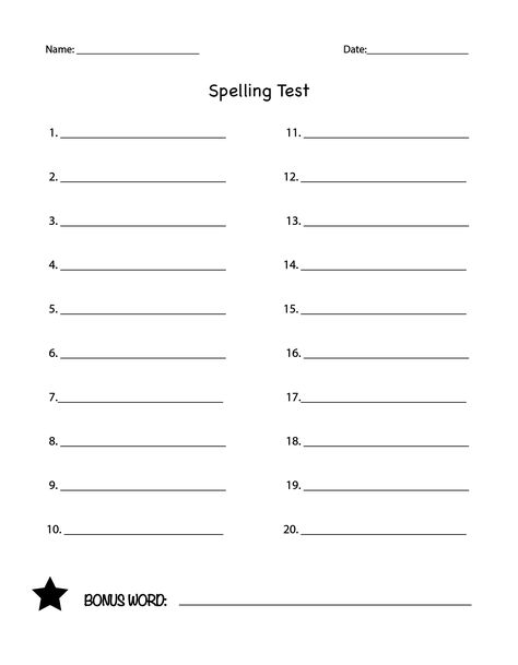 Spelling test (free download) Spelling List Template, Spelling Test Template, Spelling Quiz, Sight Word Spelling, English Spelling, 2nd Grade Writing, Spelling Test, Homeschool Crafts, Writing Paper Printable