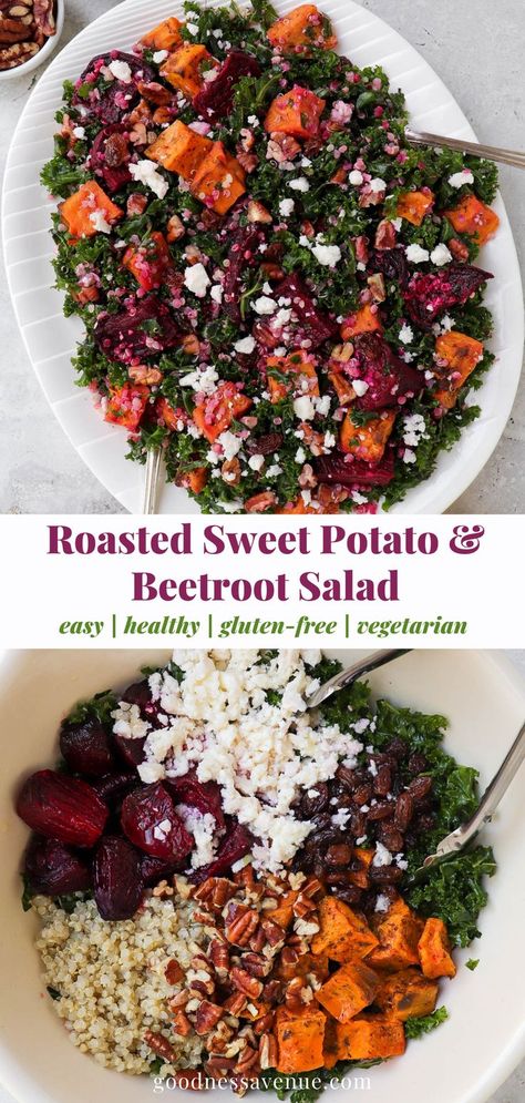 Roasted sweet potato beetroot salad served on plate with forks and ingredients in a bowl. Beetroot Recipes, Kale Quinoa, Quinoa Sweet Potato, Vegetable Farming, Roasted Sweet Potato, Beetroot Salad, Beet Recipes, Salad With Sweet Potato, So Satisfying