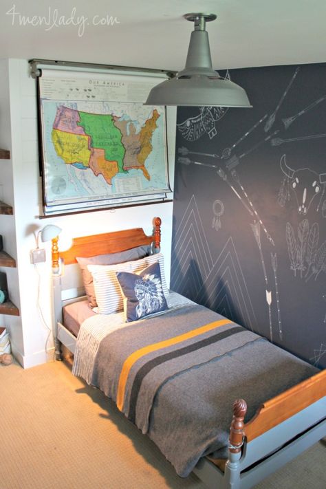 Boy's bedroom with lots of vintage touches.  4men1lady.com Rooms With Twin Beds, Ikea Yellow, Teen Bedroom Makeover, Boy Rooms, Grey Sheets, Bedroom Reveal, Twin Beds, Plank Walls, Kids Room Inspiration