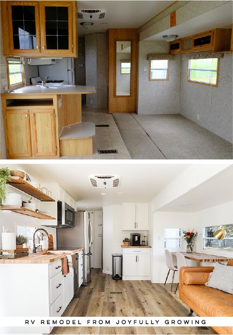 This RV remodel from JoyfullyGrowing will leave you speechless! See the before and after on MountainModernLife.com #rvremodel #camperremodel #rvrenovation #beforeafter #campertour #designvibes #camperenovation #camper #campermakeover #tinyhome #tinyliving Husbil Makeover, Wohne Im Tiny House, Rv Interior Remodel, Camping Vintage, Camper Trailer Remodel, Diy Camper Remodel, Rv Homes, Rv Makeover, Trailer Living