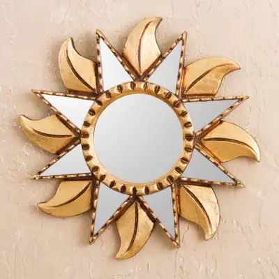 Bohemian Sun Shaped Jewelry Gift, Bohemian Sun-shaped Gold Jewelry, Celestial Sun Design Brass Jewelry, Boho Wooden Sun Mirror, Gold Sun Mirror, Formal Room, Sun Mirror, Sun Wall Decor, Reverse Painted Glass