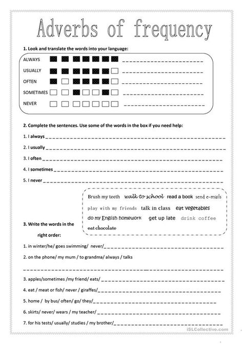 adverbs of frequency - English ESL Worksheets for distance learning and physical classrooms Adverb Of Time Worksheets, Frequency Worksheet, Adverb Worksheet For Class 3, Adverb Worksheet Grade 5, Adverb Of Frequency Worksheets, Adverbs Of Frequency Worksheets, Adverbs Worksheet Class 5, Adverb Of Frequency Games, Adverbs Lesson