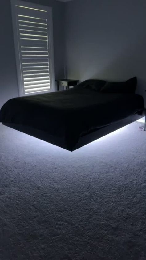 Floating Bed Black, The Bed Frame, Floating Bed Aesthetic, Room Beds & Bed Frames, Full Floating Bed, Bedroom Beds & Frames, Walk In Shower Modern, Floating Bed Frame Diy, Floating Bed Ideas