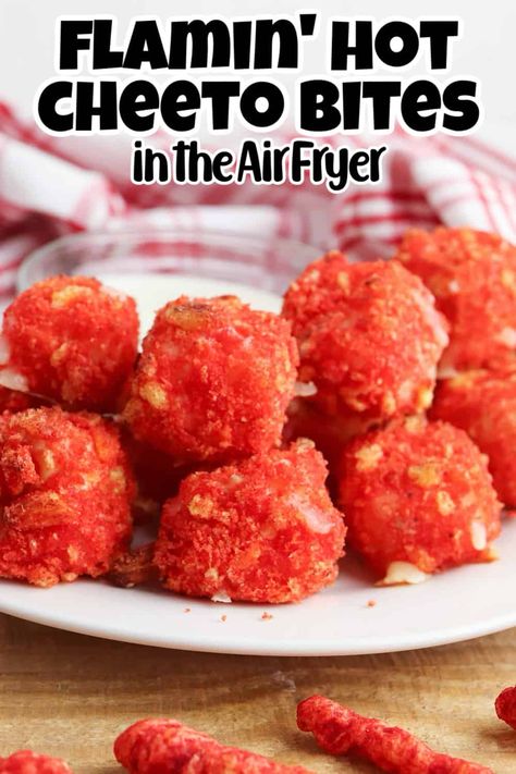 Flamin' Hot Cheetos Cheese Bites Pin Hot Cheetos Balls, Mac And Cheese Balls Recipe, Cheetos Recipe, Cheetos Mac And Cheese, Cheetos Cheese, Mac N Cheese Bites, Flamin Hot Cheetos, Spicy Mac And Cheese, Cheese Bites Recipe