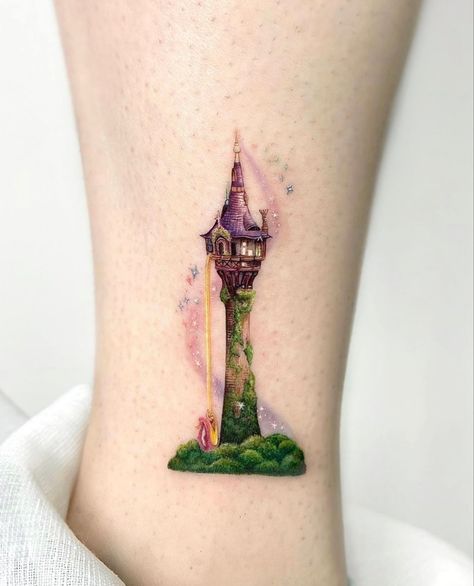 Tangled Tattoos Disney, Rapunzel Tower Tattoo, Rapunzel Tattoos, Tangled Castle, Rapunzel Tattoo, Disney Inspired Tattoos, Barbie Tattoo, Cute Thigh Tattoos, Tattoo S