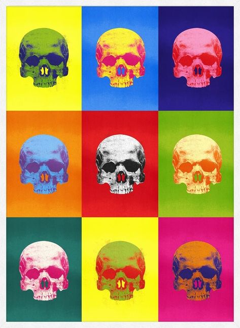 Striking graphic print on thick, 250gsm art paper. Our super-popular, iconic Gold Skull Print just got an Andy Warhol poster pop-art style makeover! Taking influence from the recognisable colours of Warhol's famous screenprint poster work, this print is best in the larger sizes and will be sure to turn heads in your home. Ink Drop, Skull Art Print, Screen Print Poster, Urban Street Art, Bold Art, Gothic Decor, Art Pop, Arte Pop, Neon Color