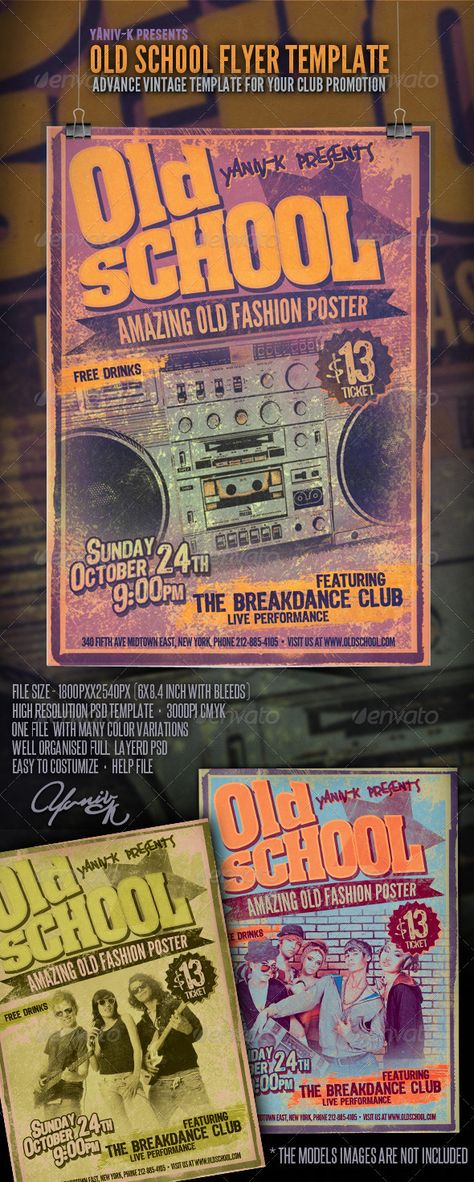 Old School Flyer Template #GraphicRiver Old School Flyer Template This vintage style template designed to promote any great 80’s, 90’s parties and more FEATURS: The PSD file dimensions are: 1800×2540 (6×8.4 inches with bleeds) 300dpi resolution Color mode: CMYK Print ready The file is well organized, separated in color groups and layers named appropriately Very easy to customize (created with Adobe Photoshop CS5 ) Instructions on editing the file is included. Fonts used in the file: League G... Old School Flyer Design, Old School Design Graphics, Club Posters School, Old School Party, Old School Poster, Typography Flyer, Vintage Flyer, Color Groups, Template Music