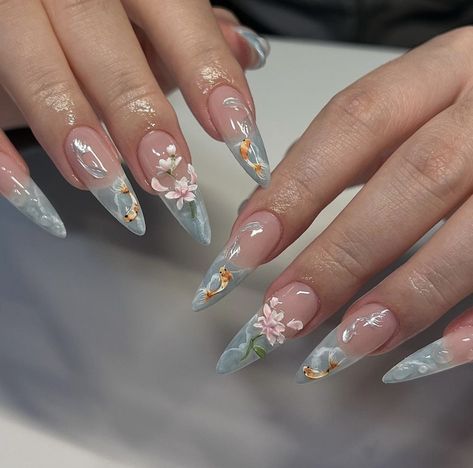 Summer 3d Nails, Pond Nails, Koi Nails, Stiletto Nails Summer, Koi Fish Nails, Summer Vacation Nails, Fish Nails, Fancy Nail Art, Beachy Nails