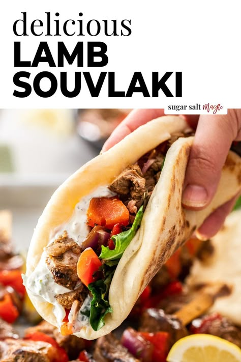 Lamb Kebab Recipes Greek, Souvlaki Lamb Recipe, Lamb Pita Tzatziki, Greek Tacos Lamb, Lamb Souvlaki Wraps, Greek Lamb Pitas, Lamb Wraps Tzatziki Sauce, Greek Salad With Lamb, Lamb Slouvaki