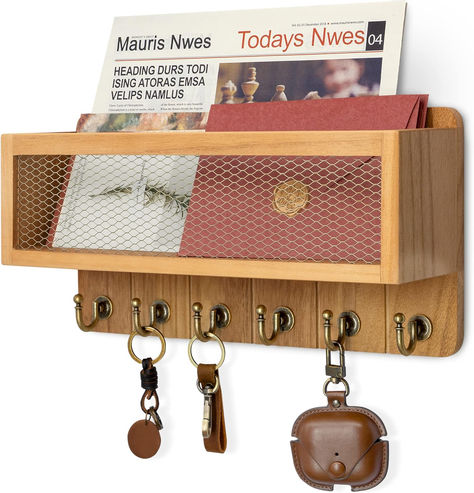 Rebee Vision Farmhouse Key and Mail Holder for Wall with Mesh Mail Basket : Decorative Mail Organizer Wall Mount with 6 Retro Key Hooks - Rustic Home Decor for Entryway (Light Brown) Key Wall Holder, Farmhouse Key Holder, Hallway Apartment, Key And Mail Holder, Mail Basket, Mail Holder Wall, Decor For Entryway, Key And Letter Holder, Mail Organizer Wall