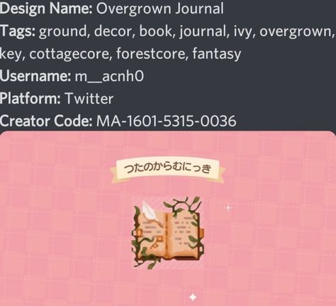 Acnh Cryptid Designs, Acnh Book Design Code, Animal Crossing Art Codes, Animal Crossing Design Codes Witchy, Acnh Book Code, Acnh Book Design, Acnh Fairycore Designs, Animal Crossing Mushroom Design, Animal Crossing Design Codes Fairycore