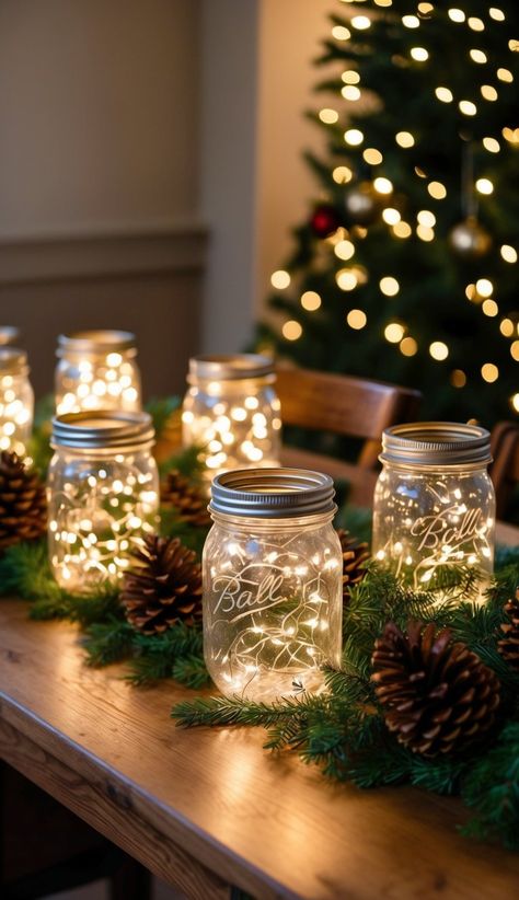 Mason Jars And Fairy Lights, Mason Jar Holiday Centerpieces, Mason Jar Centerpieces With Fairy Lights, Mason Jar Christmas Centerpieces Table Decorations, Fairy Lights In Jar, Christmas Mason Jars Centerpieces, Mason Jar Twinkle Lights, Mason Jar Fairy Lights Centerpiece, Mason Jar Centerpieces Christmas