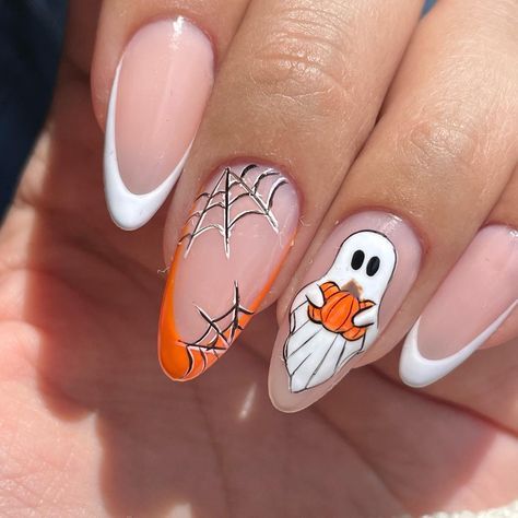 Orange Nails For Halloween, Halloween Beach Nails, Halloween Western Nails, Pumpkin And Ghost Nails, Beauty And The Beast Nails Designs, Rapunzel Nails Acrylic, Halloween Nail Ideas Acrylic, October Birthday Nails, Dog Nails Design