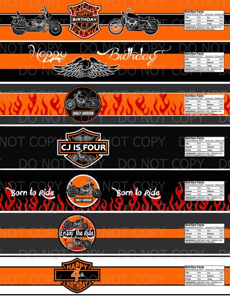 Harley Davidson Birthday Party Water bottle labels Harley Davidson Party Ideas, Harley Davidson Birthday Party, Harley Davidson Party Theme, Harley Davidson Baby Shower, Motorcycle Birthday Parties, Harley Davidson Decals, Harley Davidson Birthday, Motorcycle Party, Biker Party