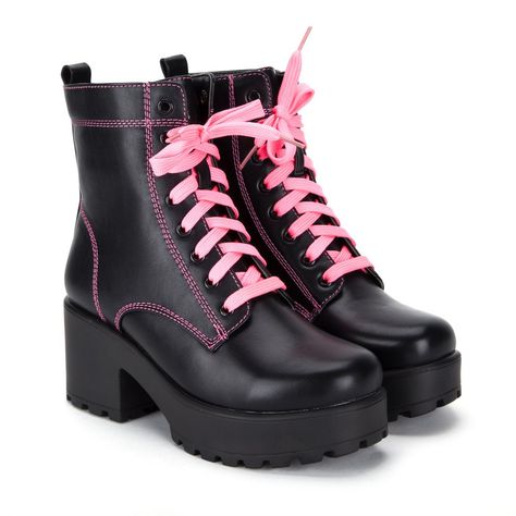 Black Chunky Platform Biker Boots with Neon Pink Laces and Stitching – KOI footwear Chunky Black Boots, Boots 2020, Laced Boots, Platform Boots Chunky, Kawaii Shoes, Platform Mary Janes, New Rock, Aesthetic Shoes, Biker Boots