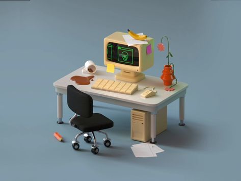 Out of office 💻 🍌 Creative Desk, 3d Cinema, Motion Art, 3d Modeling Tutorial, Isometric Art, Image 3d, Low Poly Art, 3d Studio, Out Of Office