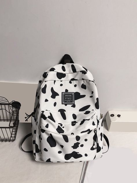 Black and White Preppy Collar  Polyamide Colorblock,Letter Functional Backpack Embellished   Women Bags Cow Print Backpack For School, Cheap Casual Bags With Cow Print, Casual Cow Print Bags, Cow Print Handbag, Girly Backpacks, Brown Cow Print Bag, Cowgirl Accessories, My Style Bags, Bags Aesthetic