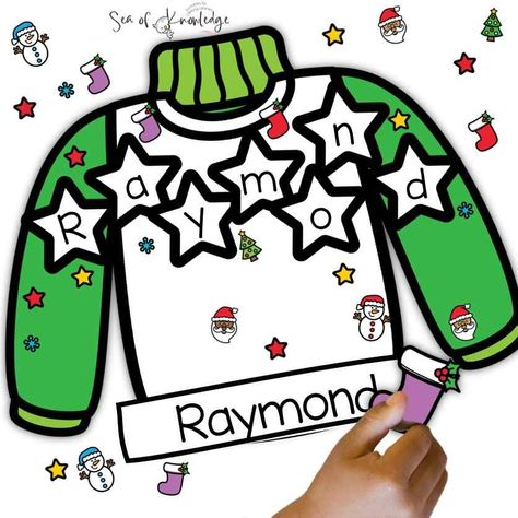 Ugly Sweater Template Printable For Kids, Rainbow Name Craft, Ugly Christmas Sweater Craft, Christmas Elf Printables, Christmas Sweater Craft, Toddler Ugly Christmas Sweater, Name Activities Preschool, Elf Printables, Kindergarten Christmas