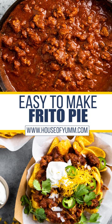 Chili Recipe For Frito Pie, Homemade Chili For Frito Pie, Chili Pie Frito, Frito Pie No Beans, Fritos Pie Casserole, Easy Frito Chili Pie, Chili Frito Pie Recipe Easy, Best Frito Pie Recipe, Frito Pie Recipe Crockpot