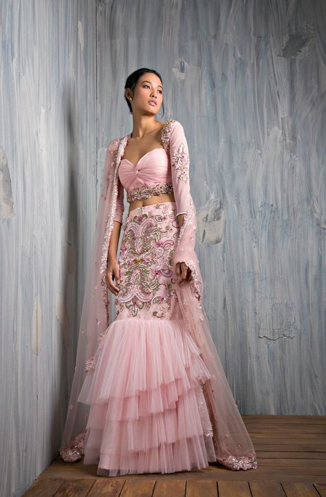 #atsusekhose #atsu #lehenga available from www.waliajones.com. Email us at waliajonesclothing@gmail.com to enquire. Fishcut Lehenga Pattern, Dupatta Draping Styles, Dupatta Draping, Ruffle Dupatta, Draping Styles, Lehenga Pattern, Sangeet Outfit, Lehenga Style, Choli Designs