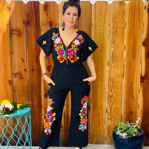 Beautiful Hand Embroidered Jumpsuits Godmother Outfit, Embroidered Jumpsuit, Mexican Fashion, Jumpsuit Fitted, Mom Outfit, Mexican Outfit, Womens Jumpsuits, Floral Jumpsuit, Refashion Clothes