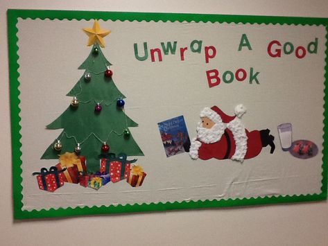 Christmas bulletin board. Unwrap a good book!! LOVE this! Get Wrapped Up In A Good Book Bulletin Board, Christmas Library Displays, Christmas Library Bulletin Boards, Christmas Library Display, Winter Library, Winter Displays, Christmas Library, December Bulletin Boards, Library Christmas