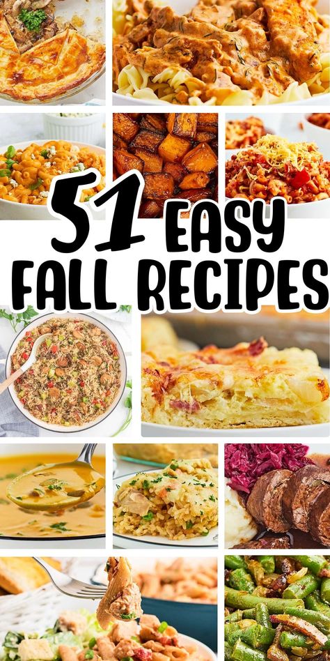 Collage of Easy Fall Recipes. Fall Theme Recipes, Hearty Fall Dinner Recipes, Easy Food For Party Dinners, Fall Themed Meals, Southern Fall Recipes, Fall Meal Prep, Fall Food Ideas, October Meals, Autumn Meals