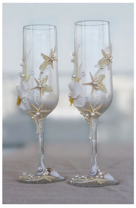 custom+painted+wedding+wine+glasses | Found on etsy.com Dream Beach Wedding, Wedding Wine Glasses, Wedding Champagne Glasses, Sea Wedding, Beach Wedding Reception, Wedding Champagne, Beach Wedding Decorations, Wedding Glasses, Wine Wedding