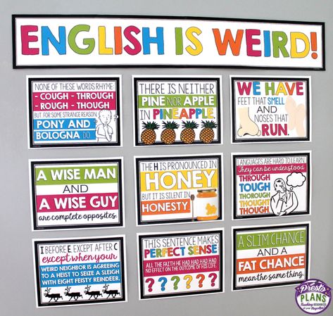 English Is Weird Posters Weird Posters, English Bulletin Boards, English Classroom Posters, English Poster, High School English Classroom, Posters Classroom, English Posters, Kindergarten Classroom Decor, Funny English