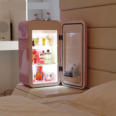 Bedroom Snack Storage, Refreshment Station, Milk Cosmetics, Mini Fridge In Bedroom, Refrigerator Small, Pink Fridge, Minimalist Bedrooms, Small Fridge, Mini Refrigerator