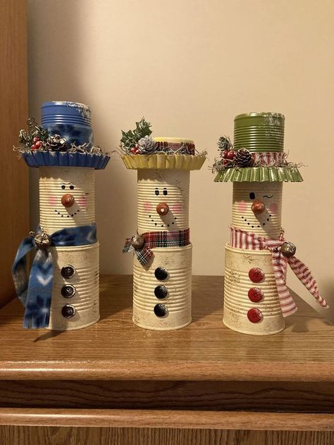 💲Dollar Tree Fanatics Crafts & Decor💲 | Just finished more snow people ☃️ Made from empty soup and vegetable cans that I get at Dollar Tree | Facebook Crafts With Coffee Cans, Tin Can Snowman Crafts, Can Crafts Tin Diy, Tin Bucket Ideas, Tin Can Christmas Crafts, Christmas Tin Can Crafts Ideas, Tin Can Snowman, Soup Can Crafts, Can Snowman