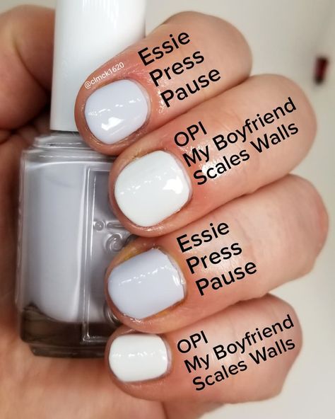 Comparison Swatches ♡ Essie | Press Pause (index, ring) • OPI | My Boyfriend Scales Walls (middle, pinky) Opi My Boyfriend Scales Walls, Essie Perfect Posture, Essie Very Structured, Essie Press Pause, Essie Spool Me Over, Essie Buy Me A Cameo, Essie, Makeup Nails, Nail Colors