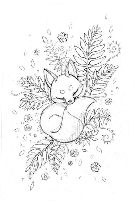 Kawaii Fox Tattoo, Fox And Mushroom Drawing, Cute Animal Tattoo Ideas, Art Book Sketches, Drawing Fox Sketches, Fox Sleeping Drawing, Kitsune Sketch, Fox Art Drawing, Fox Drawing Sketches