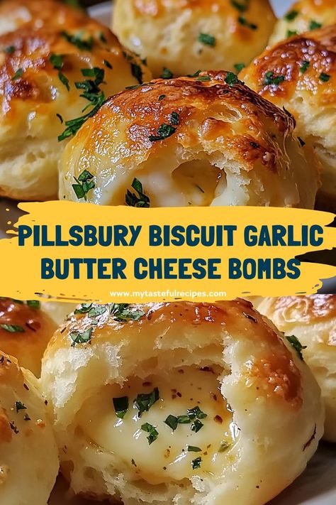 These Pillsbury Garlic Butter Cheese Bombs are the perfect addition to any meal! With a crispy, golden exterior and a gooey, cheesy center, they make a delightful appetizer, snack, or side that everyone will love! Cheesy Snack Recipes, Grand Biscuit Recipes, Pillsbury Crescent Recipes, Pillsbury Biscuit Recipes, Garlic Cheese Biscuits, Cheesy Rolls, Cheesy Biscuit, Pillsbury Biscuits, Crescent Recipes