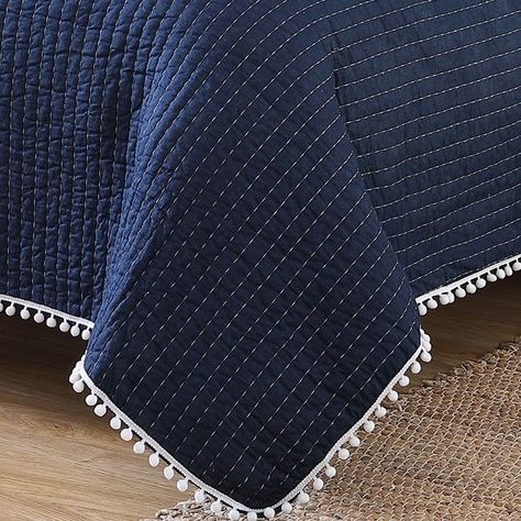 Carissa 100% Cotton Quilt Set Navy Bedspread, Navy Blue Quilt, White Coverlet, King Quilt Sets, Light Quilt, Cotton Quilt Set, Chic Quilts, Pick Stitch, Cozy Quilts