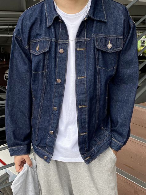 Blue Jacket Outfits Men, Dark Denim Outfit, Blue Denim Jacket Outfit, Blue Jean Jacket Outfits, Jean Jacket Outfits Men, Denim Jacket Men Outfit, Looks Camisa Jeans, Dark Jean Jacket, Dark Denim Shirt