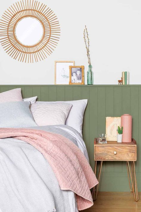 With coordinating shades, the new Linda Barker Paints range has a water based formula and is made from natural ingredients. From £28 for 1 litre of eggshell or satin paint. This gorgeous mossy green looks perfect with a candy pink. |  #homedesign #interiorinspo #renovation #homedecorideas #dreamhome #homeremodel #interiordesign #pastelbedroom #pastelshades #pinkandgreen #greenandpink #pinkbedroom  #pinkhome #pinkandgreenideas #greenbedroom #decoratingideas #kbbmag Apartment Decorating Pink And Green, Sage And Beige Bedroom, Tongue And Groove Bedroom, Pink Feature Wall Bedroom, Pink And Green Bedroom Ideas, Sage Green And Pink Bedroom, Pink Green Bedrooms, Green Bedroom Paint, Linda Barker