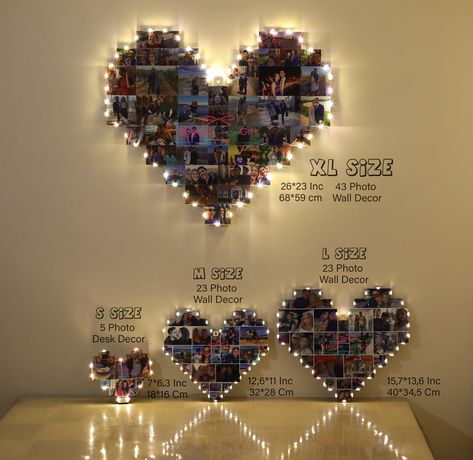 On Valentine's Day, you can collect your photos and memories of your past on a single heart board. The lighted heart board will be a great gift on Valentine's Day. The photos you took with your girlfriend are positioned in the most beautiful places by the design team and sent to you ready-made. ------DESCRIPTION& INFORMATION------ 1 -) Fairy Led lights are shipped with installed. When received, it can be hang on the wall immediately. You do not need to take any additional action for the installa Heart Photo Collage, Collage Frame, Photo Wall Decor, Cute Couple Gifts, Framed Photo Collage, Heart Photo, Frame Picture, Picture Gifts