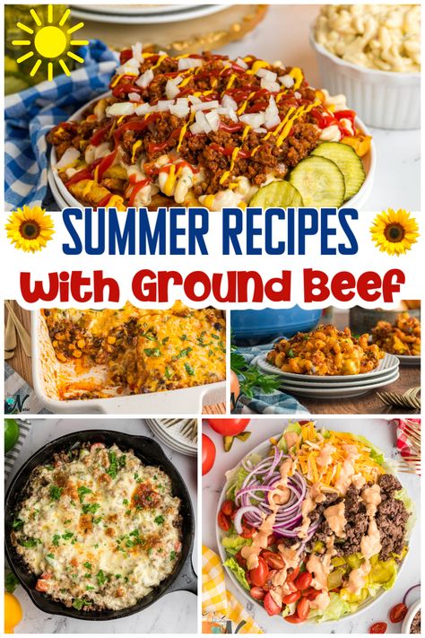 Discover the ultimate collection of summer ground beef recipes! From the garbage plate to flavorful tacos and hearty casseroles, these recipes will elevate your summer dining experience. Fire up the grill and indulge in the taste of the season with these mouthwatering dishes. #SummerRecipes #GroundBeef #GrillingSeason We Ground Beef Recipes, Meals For Ground Beef, Ground Beef Recipes For Lunch Easy Meals, Easy Supper Ideas For Hot Days, Summer Meals With Hamburger Meat, Easy Summer Time Meals, Yummy Summer Meals, Dinners On Hot Summer Days, Easy Dinner Summer Recipes