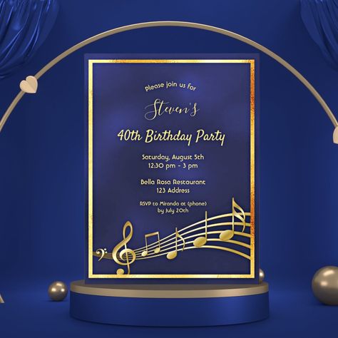 Blues Music Themed Party, Gold Music Notes, Music Note Party, 40th Birthday Men, Birthday Prayer, Music Themed Parties, Blue Birthday Parties, 41st Birthday, 40th Birthday Invitations