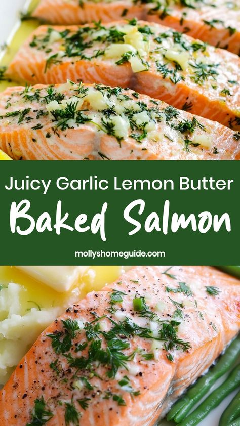 Delight your taste buds with this flavorful Garlic Lemon Butter Baked Salmon recipe. The combination of garlic, lemon, and butter creates a mouthwatering dish that will surely impress your family and friends. This recipe is perfect for a cozy dinner at home or a special gathering. Enjoy tender salmon baked to perfection with rich flavors that complement each other perfectly. Try this simple yet elegant dish for a delicious dining experience that everyone will love! Creamy Garlic Butter Baked Salmon, Lemon Garlic Butter Salmon Baked, Salmon Recipes Baked Garlic Butter, Tender Salmon Recipe, Lemon Butter Salmon Baked, Lemon Pepper Salmon Baked, Fish Cooking Recipes, Salmon Recipes Garlic Butter, Lemon Garlic Salmon Baked