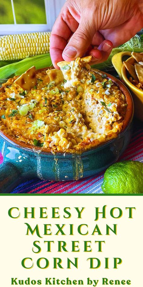 This Cheesy Hot Mexican Street Corn Dip is my jujjed-up take on a traditional Elote dip, but I've added extra cheese and roasted chiles to ramp up the flavor and be the life of any party! #mexicanstreetcorn #elote #elotedip #mexicanstreetcorndip #corndip #hotcorndip #hotcheesedipwithcorn #cornandcheesedip #mexicancorndip Elote Corn Dip Recipe, Hot Mexican Street Corn Dip, Hot Mexican Street Corn, Roasted Corn Dip, Beach Foods, Elote Dip, Mexican Corn Dip, Street Corn Dip, Mexican Street Corn Dip