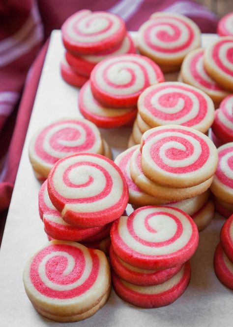 Holiday Pinwheel Cookies are so fun on a cookie tray! Made by rolling with two colors of dough together. Freeze the log of dough for up to a month for slice-and-bake cookies. #cookies #christmas #holiday Pinwheel Cookies Recipe, Valentines Dessert, Christmas Cutout Cookies, Pinwheel Cookies, Delicious Christmas Cookies, Valentine Dinner, Easy Sugar Cookies, Best Christmas Cookies, Cookie Tray