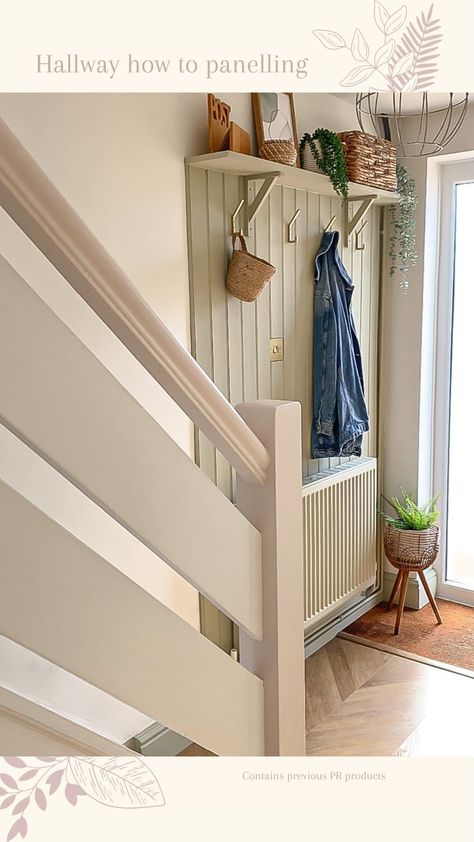 Radiator Wall Decor, Above Radiator Decor, Hallway Panelling With Radiator, Entry Hallway Panelling, Wall Above Radiator Ideas, Hallway Panelling With Hooks, Wall Panelling Around Radiator, Tongue And Groove Hallway Stairs, Tongue And Groove Entryway