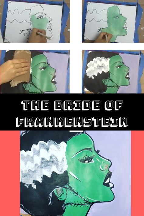 Halloween Canvas Paintings Step By Step, Frankenstein Painting Easy, Halloween Paint Night Ideas Step By Step, Easy Halloween Paintings For Beginners, Frankenstein Painting, Painting On Canvas Easy, Halloween Canvas Paintings, Frankenstein Art, Beginners Art