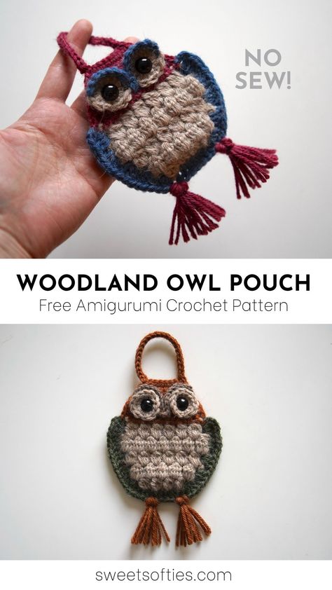 Woodland Owl Pouch · Free Crochet Pattern (No-Sew) - Sweet Softies Free Crochet Pouch Pattern, Novelty Yarn Projects, Crochet Raok, Free No Sew Crochet Patterns, Small Crochet Projects Free Patterns, Crochet On Fabric, Crochet Pouch Free Pattern, Crochet Owl Pattern Free, No Sew Crochet Patterns