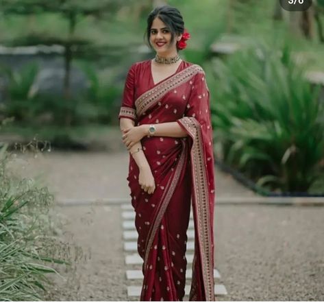 Engagement Saree Kerala, Court Marriage Outfit Indian, Maroon Bridal Saree, Bridal Looks Indian Brides, Red Saree Wedding, Court Marriage, South Indian Wedding Saree, Engagement Saree, Indian Wedding Gowns